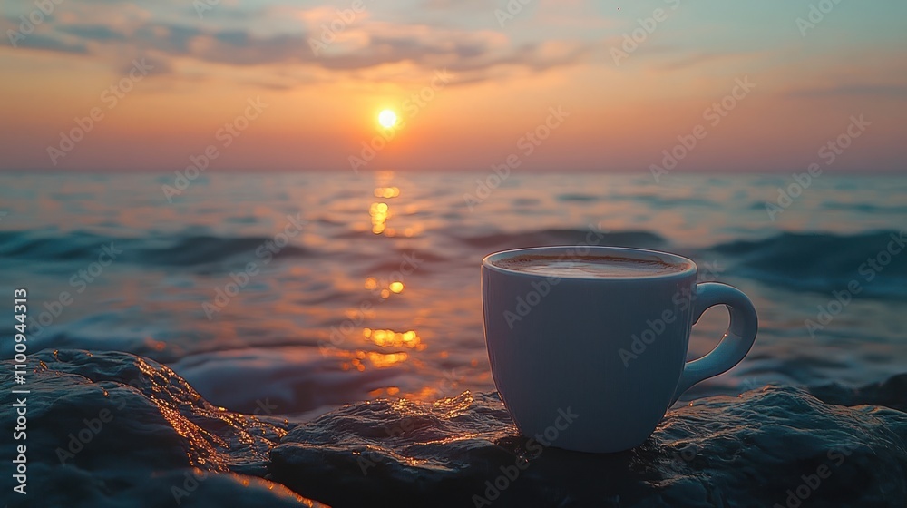 A white coffee cup superimposed on the sunset on the sea, conveying the warmth and tranquility of the evening. A white coffee cup superimposed on the sunset on the sea, conveying the warmth and tranquility of the evening.
