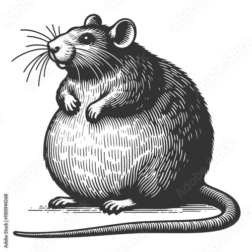 plump chubby rat, intricate linework and shading, showcasing a whimsical and humorous design sketch engraving generative ai vector illustration. Scratch board imitation. Black and white image