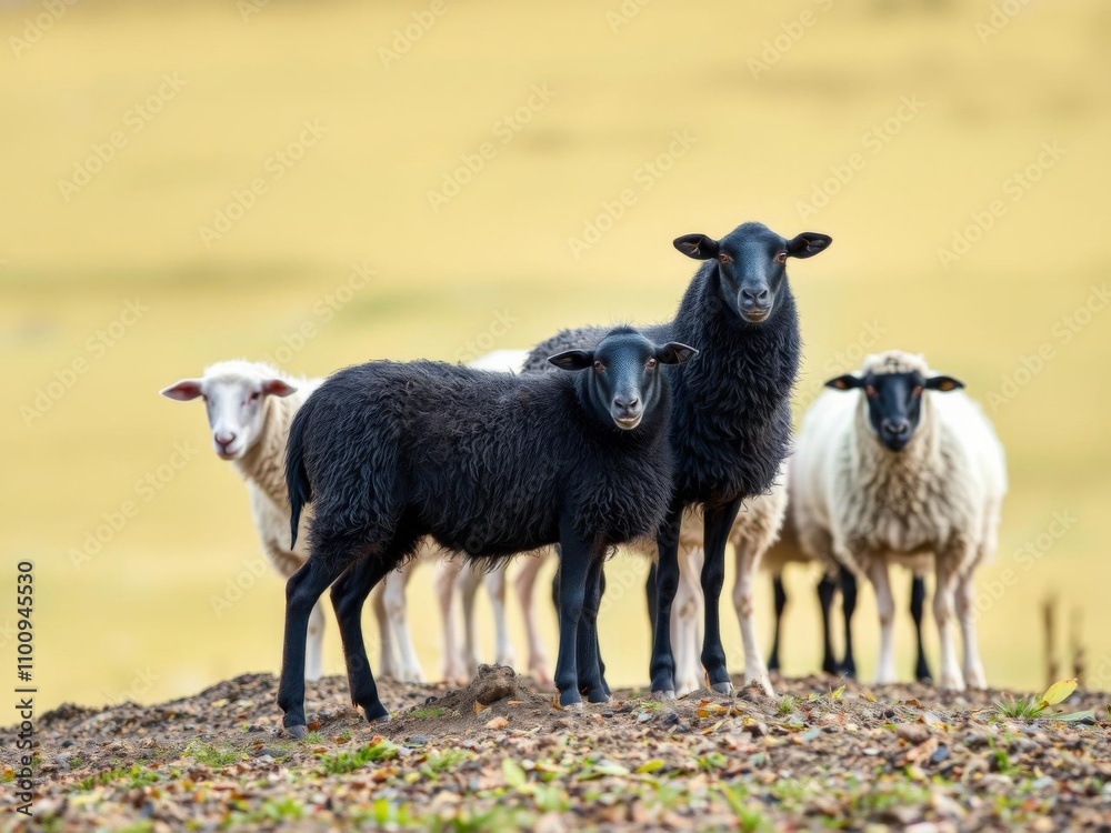 Obraz premium A lone black sheep stands confidently in the midst of a row of white sheep, symbolizing individuality and nonconformity, different, nonconformity