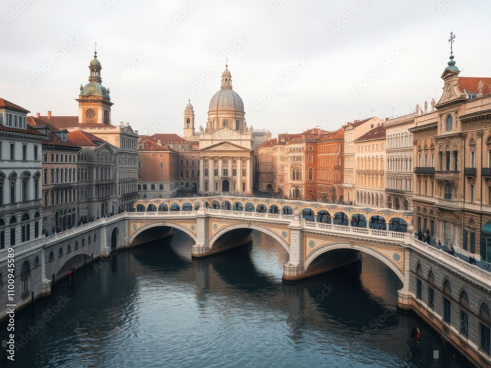 Obraz premium Historic European city with ornate bridges and canals, european cityscape, historic significance