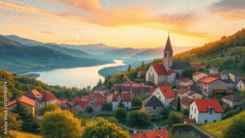 Panoramic view of a quaint European village at sunset, stone cottages, village church photo