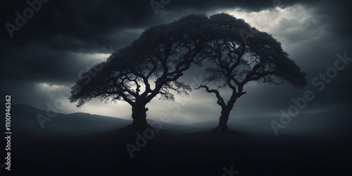 Two majestic trees stand against a dramatic, cloudy sky, creating a mysterious and enchanting atmosphere. The silhouette evokes a sense of serenity and timelessness in the expansive landscape.