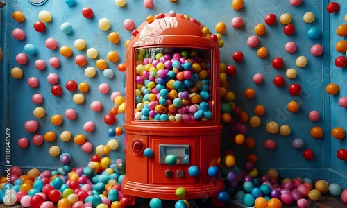 A colorful gumball machine surrounded by vibrant plastic eggs.