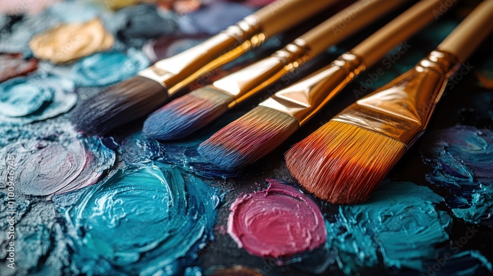 Fototapeta premium Close-up of paintbrushes on a palette with colorful paint.