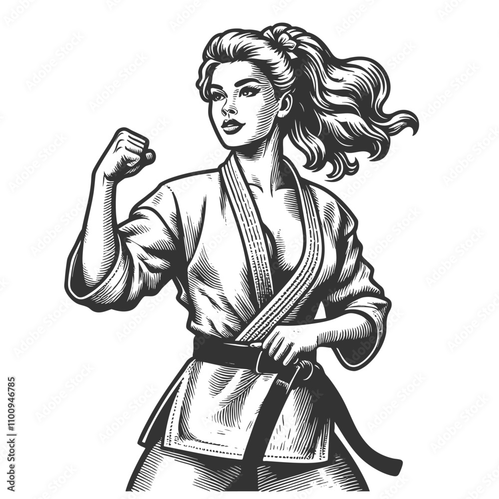 strong female martial artist in a karate uniform and black belt, posed with confidence and focus sketch engraving generative ai vector illustration. Scratch board imitation. Black and white image.