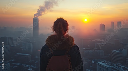 A woman watches the sunrise through a haze of pollution, highlighting the need for cleaner air.