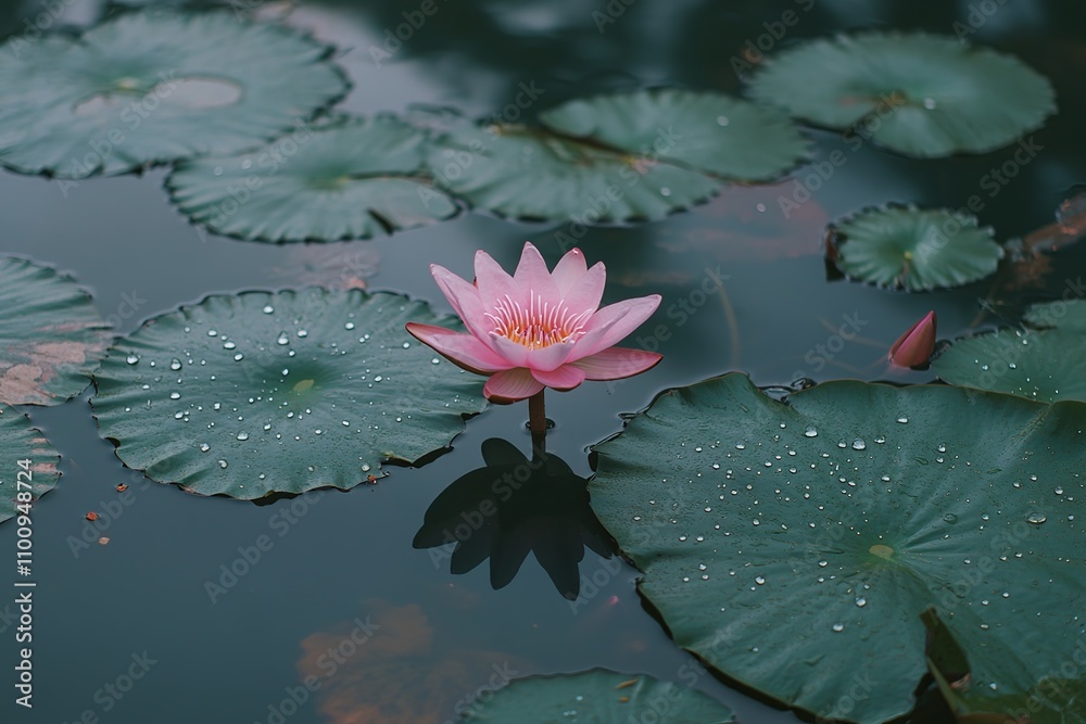 Serene Pink Water Lily in a Tranquil Pond: A Moment of Peaceful Reflection Serene Pink Water Lily in a Tranquil Pond: A Moment of Peaceful Reflection
