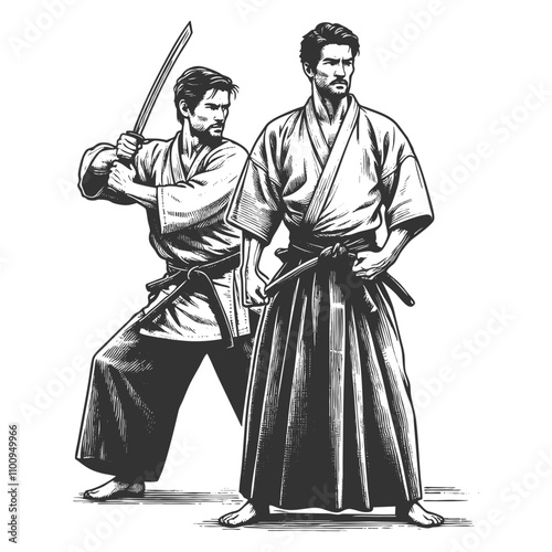 samurai warriors wearing traditional robes, one holding a katana and the other in a defensive stance sketch engraving generative ai vector illustration. Scratch board imitation. Black and white image.
