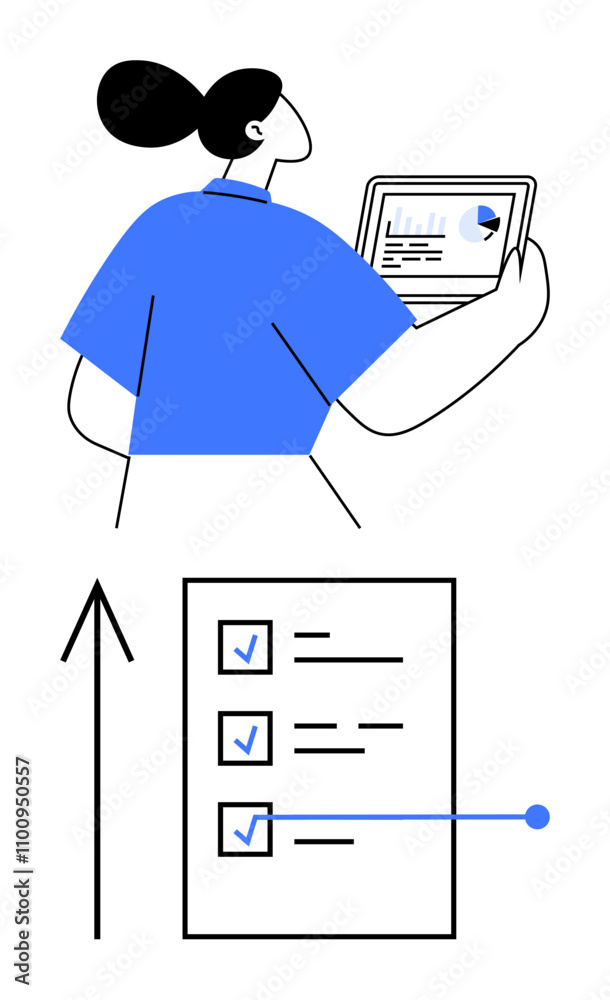 Woman in blue analyzing tablet data with graphs. Checklist of tasks ...