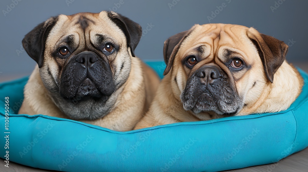 Obraz premium Playful pugs relaxing in a cozy dog bed a warm indoor pet photography moment