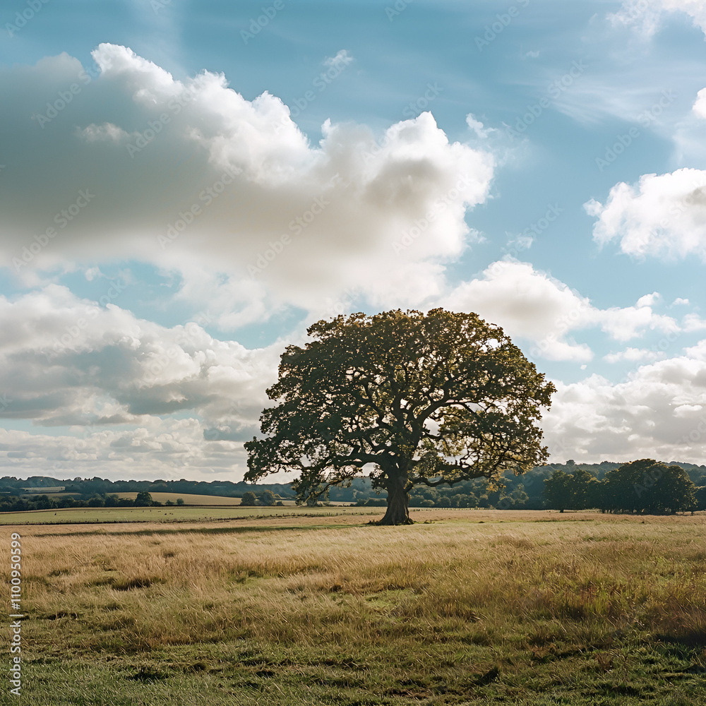 Obraz premium Majestic Oak Tree in Serene English Countryside Landscape
