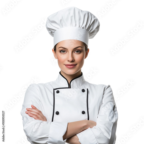 Confident Female Chef, Culinary Professional, White Uniform, Toque, Restaurant transparent background