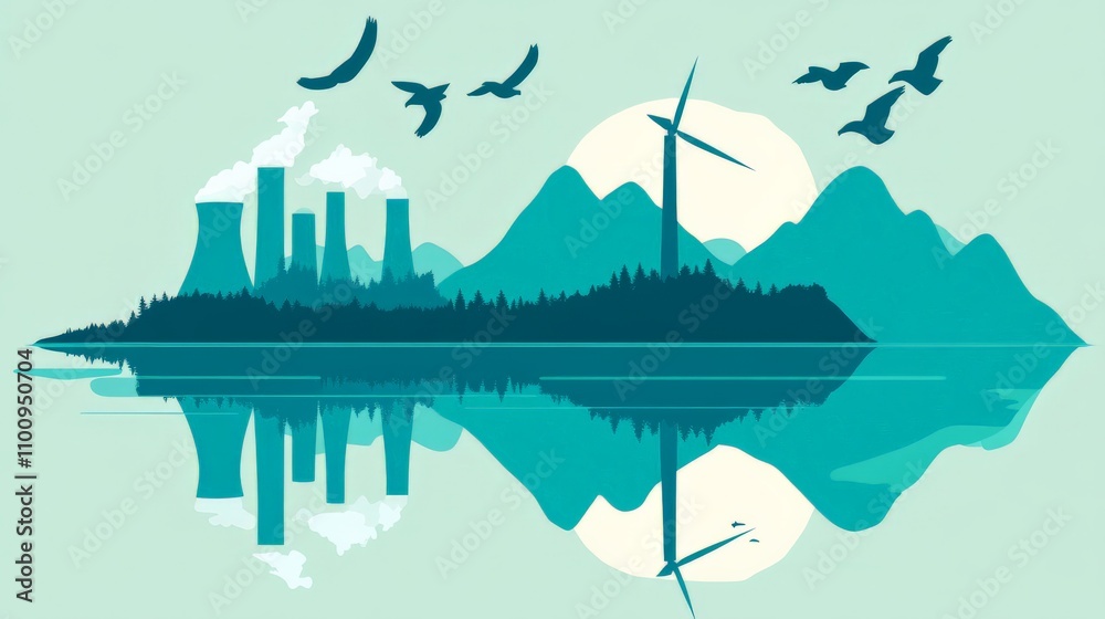 Obraz premium Natural Energy Landscape with Power Plant and Wind Turbine
