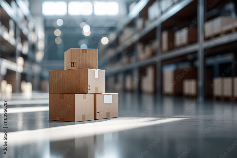 Cardboard boxes stacked on a white surface in a blurred warehouse setting with soft lighting Cardboard boxes stacked on a white surface in a blurred warehouse setting with soft lighting