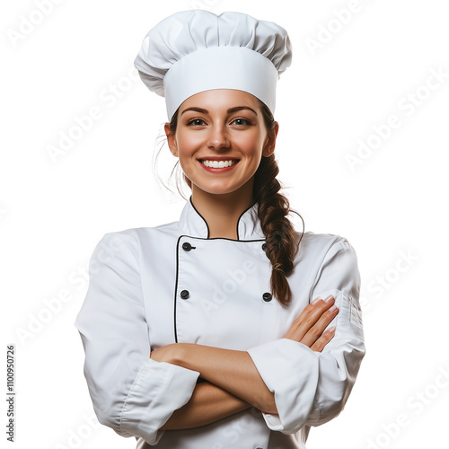 Confident Female Chef, Culinary Professional, White Uniform, Toque, Restaurant transparent background