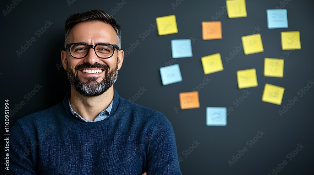 Obraz premium Positive vibe in modern workspace creative professional surrounded by colorful sticky notes
