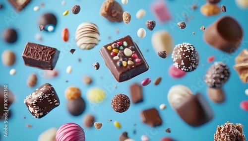 A delightful assortment of assorted chocolates, artistically captured in mid-air against a vibrant blue backdrop, showcasing their rich textures and colors. photo