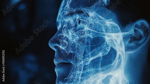 Surgeon's face overlaid with MRI machine and body structure, conveying the connection between technology and medicine. photo