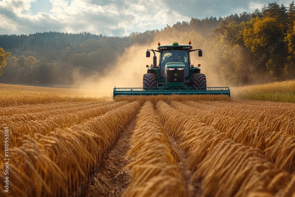 Fototapeta premium A green tractor harvests wheat in a field, kicking up dust as it goes. The sun is shining, and the field is golden.