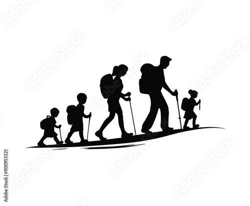 Family Hiking Together Silhouette Collection Vector Template