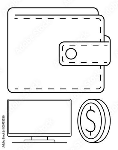 Large wallet with clasp, desktop computer monitor below it, and coin with dollar sign to the right. Ideal for digital finance, online transactions, e-commerce, electronic payments, personal finance