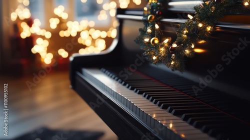 A piano with a wreath of Christmas lights hanging from it