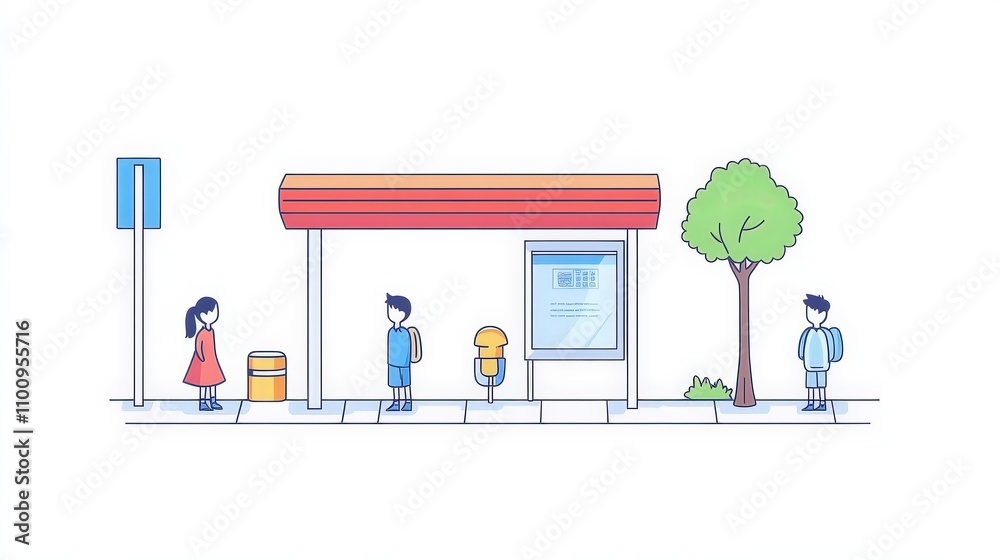People Waiting at a Bus Stop with Minimalist Urban Design Elements