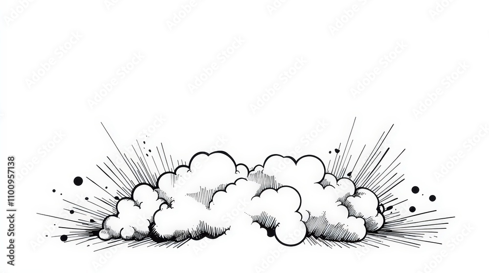 Cartoon Style Explosion with Clouds and Dynamic Lines in Black and White