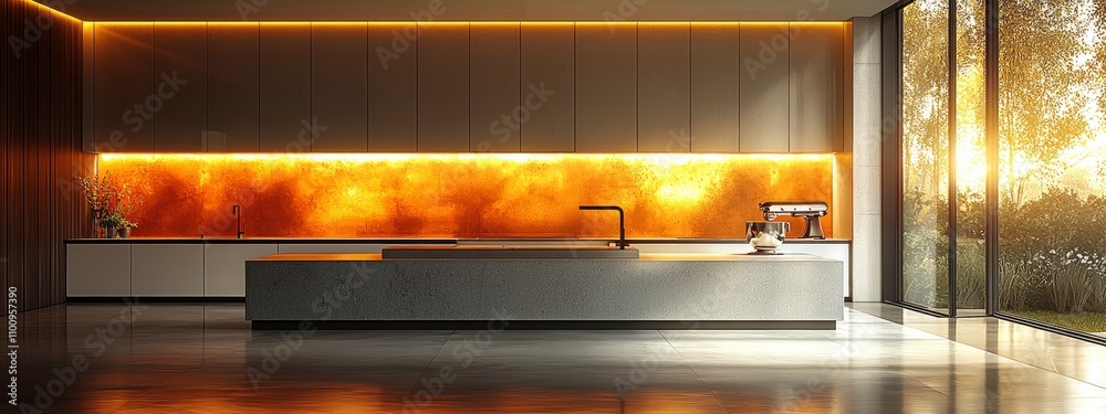 Modern kitchen interior design with ambient lighting and large windows Modern kitchen interior design with ambient lighting and large windows