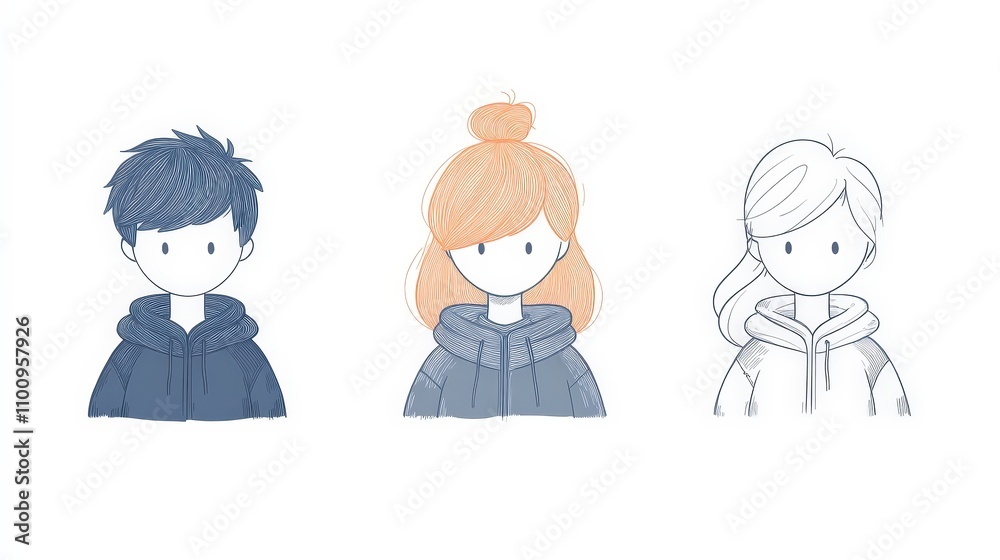 Illustrations of Three Diverse Characters in Hoodies on White Background Illustrations of Three Diverse Characters in Hoodies on White Background