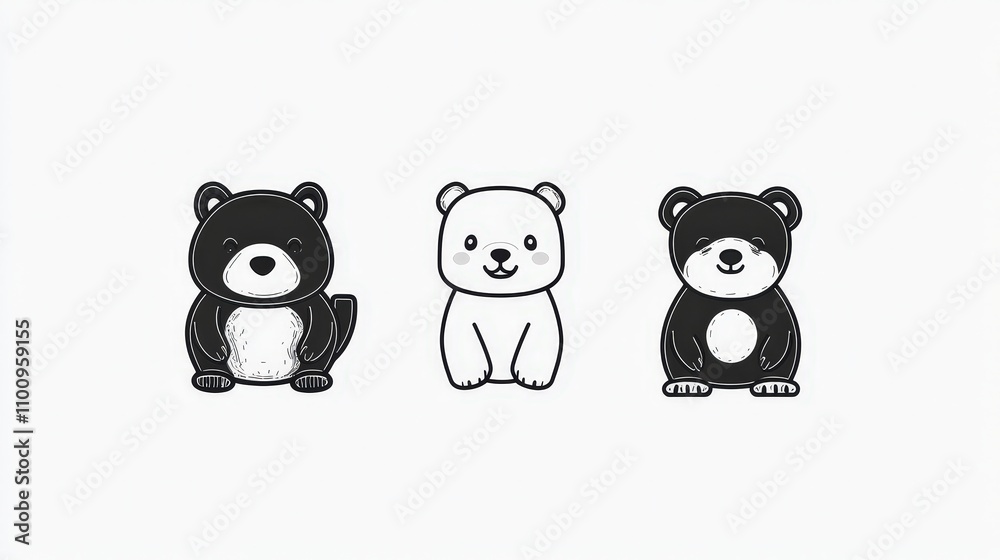 Fototapeta premium Cute Cartoon Bears in Black and White with Adorable Expressions