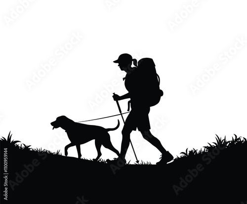 Hiker and Dog on Nature Trail Silhouette Vector Template