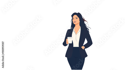A woman in a sharp business suit, standing and holding a cup of coffee with a confident smile.