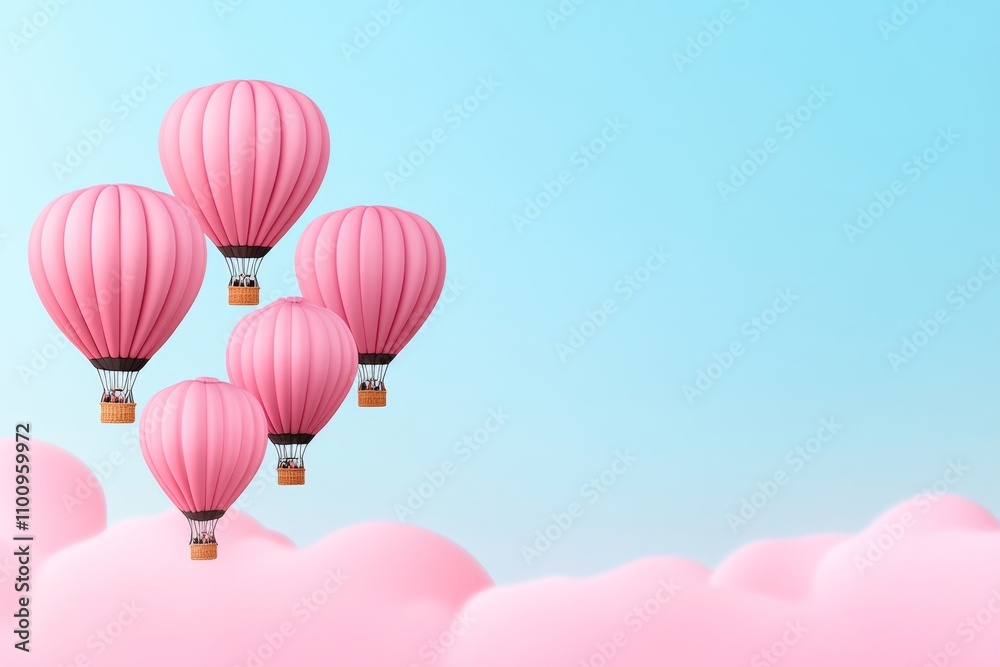 Obraz premium A cheerful depiction of hot air balloons floating across a clean sky blue horizon, drawn in soft pastel colors