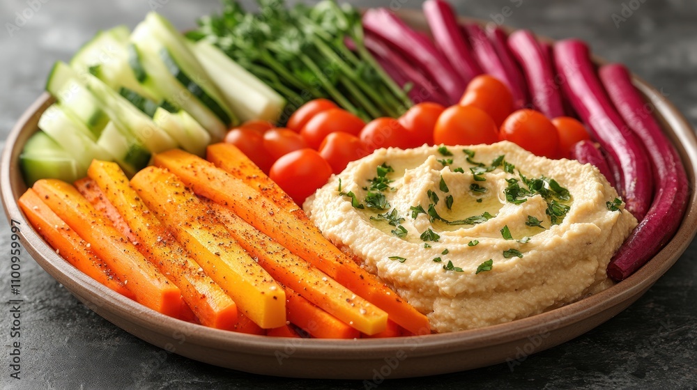 A plate of hummus with assorted vegetables, including carrot sticks, cucumber slices, cherry tomatoes and beet sticks, served as a healthy snack or appetizer. A plate of hummus with assorted vegetables, including carrot sticks, cucumber slices, cherry tomatoes and beet sticks, served as a healthy snack or appetizer.