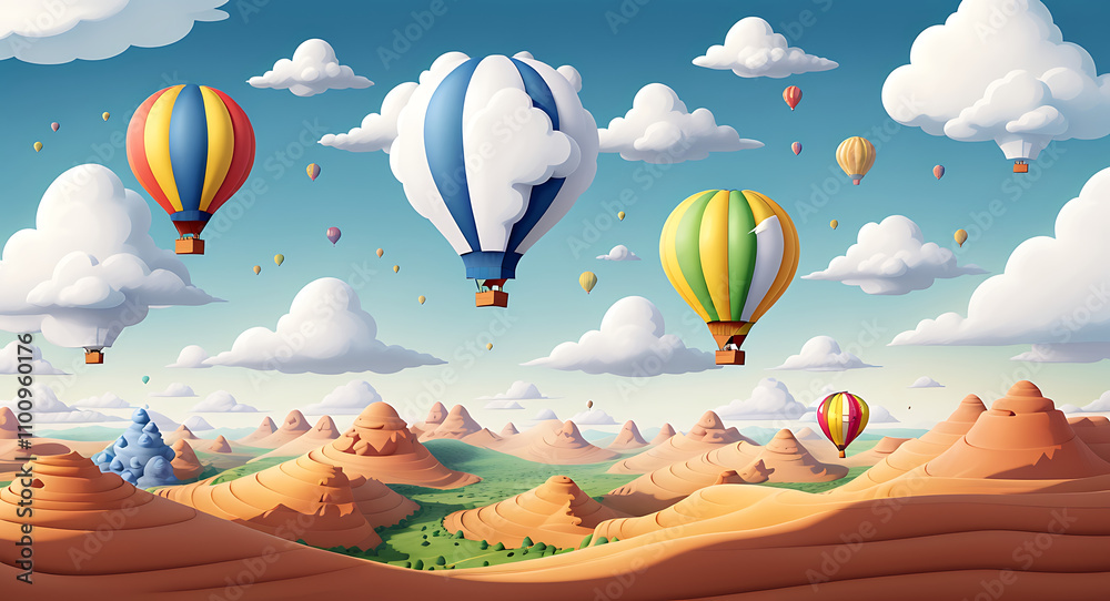 Fototapeta premium A whimsical depiction of a hot air balloon made from paper cut-outs, floating over layered paper hills and clouds, evoking a sense of adventure and serenity.