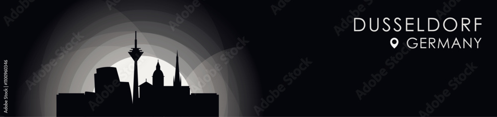 Fototapeta premium Vector Dusseldorf, Germany cityscape banner. Black and white placard profile picture for header, footer