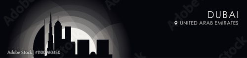 Vector Dubai, UAE, Arab Emirates cityscape banner. Black and white placard profile picture for header, footer