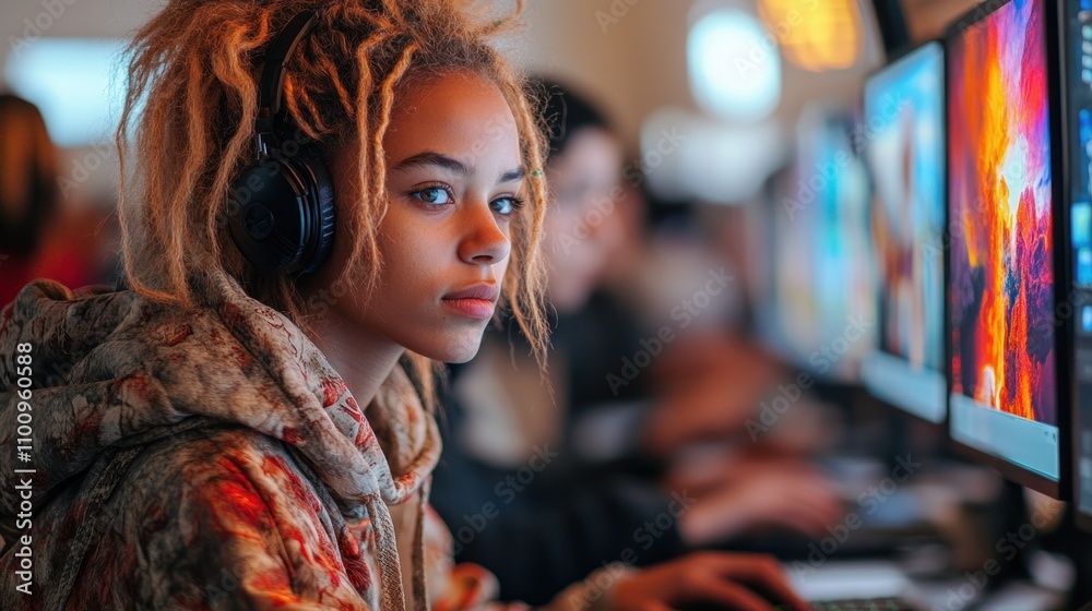 Obraz premium A young woman with dreadlocks and headphones is focused on her work at a computer.