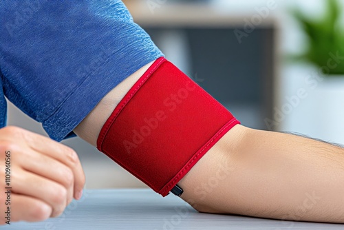 A close-up of a patient arm with a cuff in use, showing the device digital screen reading systolic and diastolic values