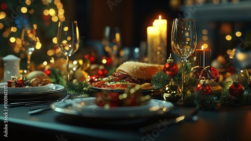 Fototapeta Naklejka Na Ścianę i Meble -  Christmas food menu, dinner table place setting, dark festive background. The table is covered with a modern christmass decoration based on the christmas trends 2024. New Year eve 2025.
