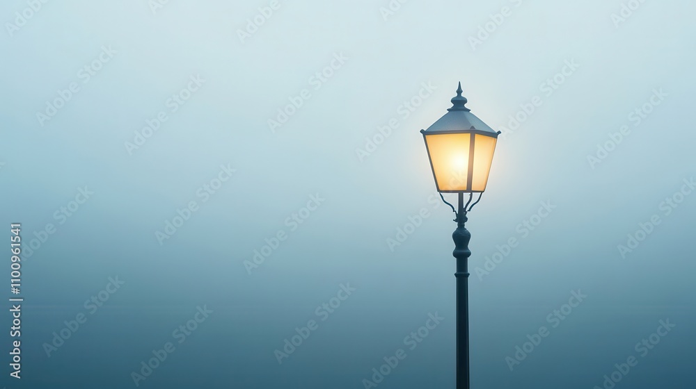 Fototapeta premium A solitary lamp post shines softly in a foggy atmosphere, creating a serene and mysterious ambiance.