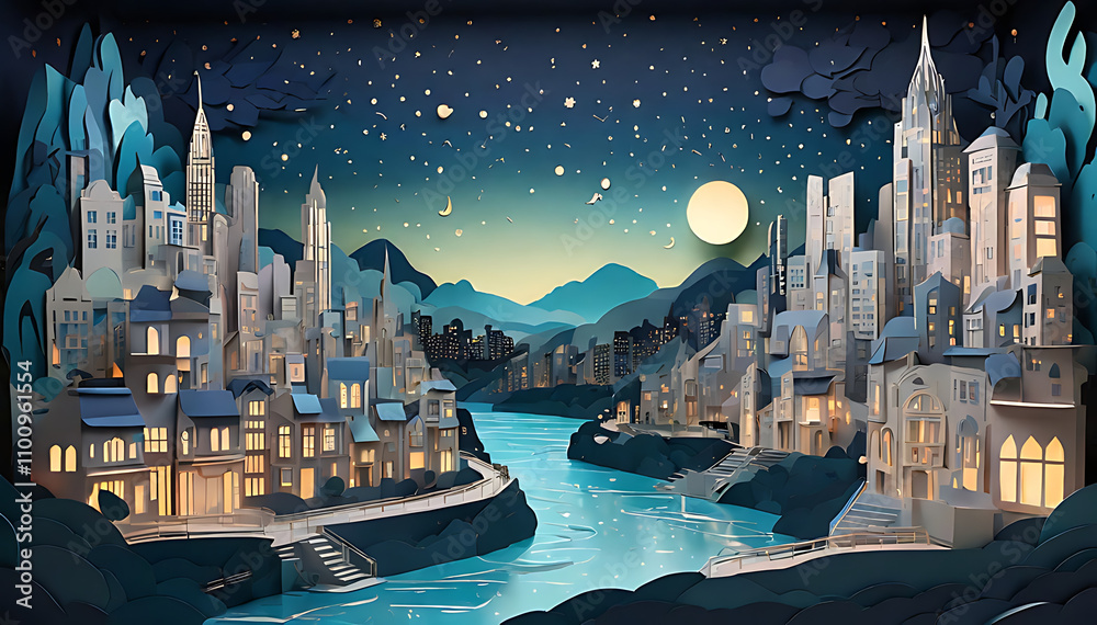 Fototapeta premium An illustration of a cityscape at night created in paper art style, with glowing windows, layered paper cut-out buildings, and a starry sky, blending a whimsical and modern aesthetic.