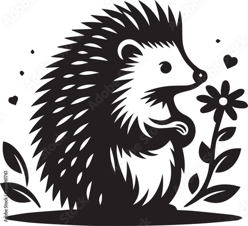 A hedgehog smelling a flower vector silhouette