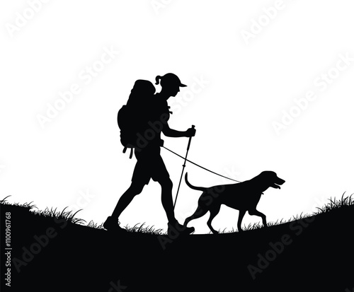 Walking Trail Hiker and Dog Silhouette Vector Template