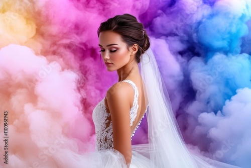 A dreamy watercolor of a bride in a flowing gown, with her veil blending seamlessly into a soft, colorful background
