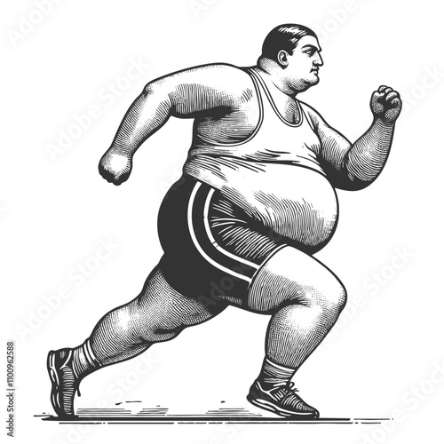 overweight body positive runner with fat belly, mid-stride, showcasing strength, resilience, and athleticism sketch engraving generative ai vector illustration. Scratch board. Black and white image.