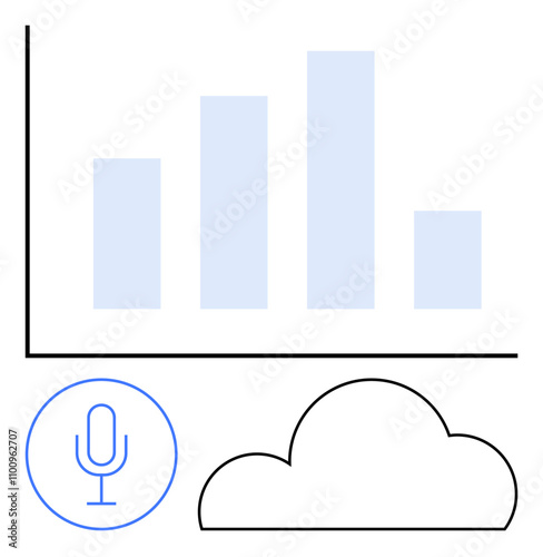 Bar graph depicting data, microphone icon, and cloud icon representing data storage and voice integration. Ideal for cloud computing, data analysis, voice recognition, storage solutions, IoT apps