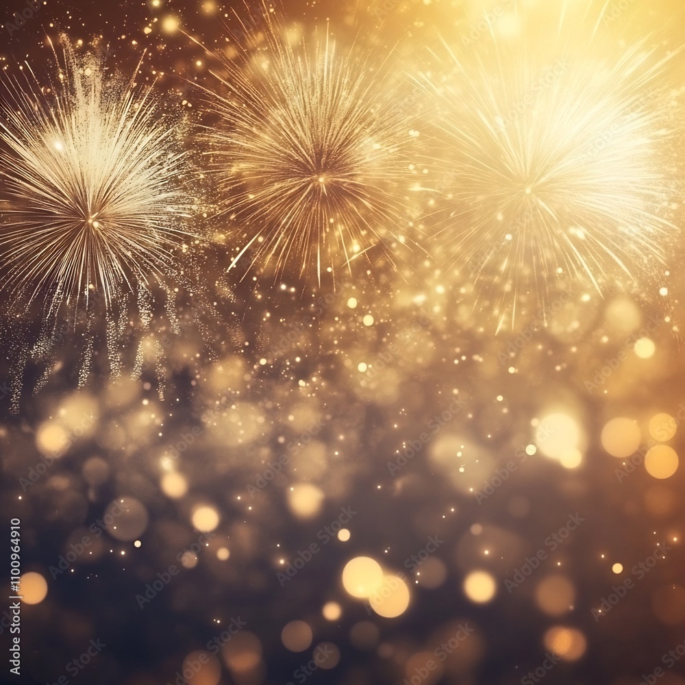 Fototapeta premium Bright and captivating fireworks display exploding in a cascade of golden and silver light with a glowing warm toned bokeh backdrop creating a vibrant and celebratory atmospheric scene