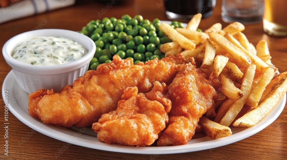 Crispy Fried Fish Fillets with Golden French Fries, Fresh Green Peas, and Creamy Tart Sauce Served on a White Plate in a Cozy Restaurant Setting Crispy Fried Fish Fillets with Golden French Fries, Fresh Green Peas, and Creamy Tart Sauce Served on a White Plate in a Cozy Restaurant Setting